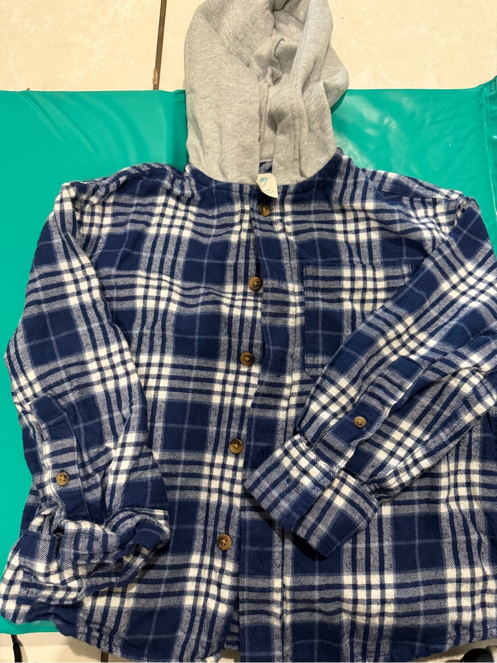 Kids Navy Blue Plaid Fleece Button-Up Hooded Shirt